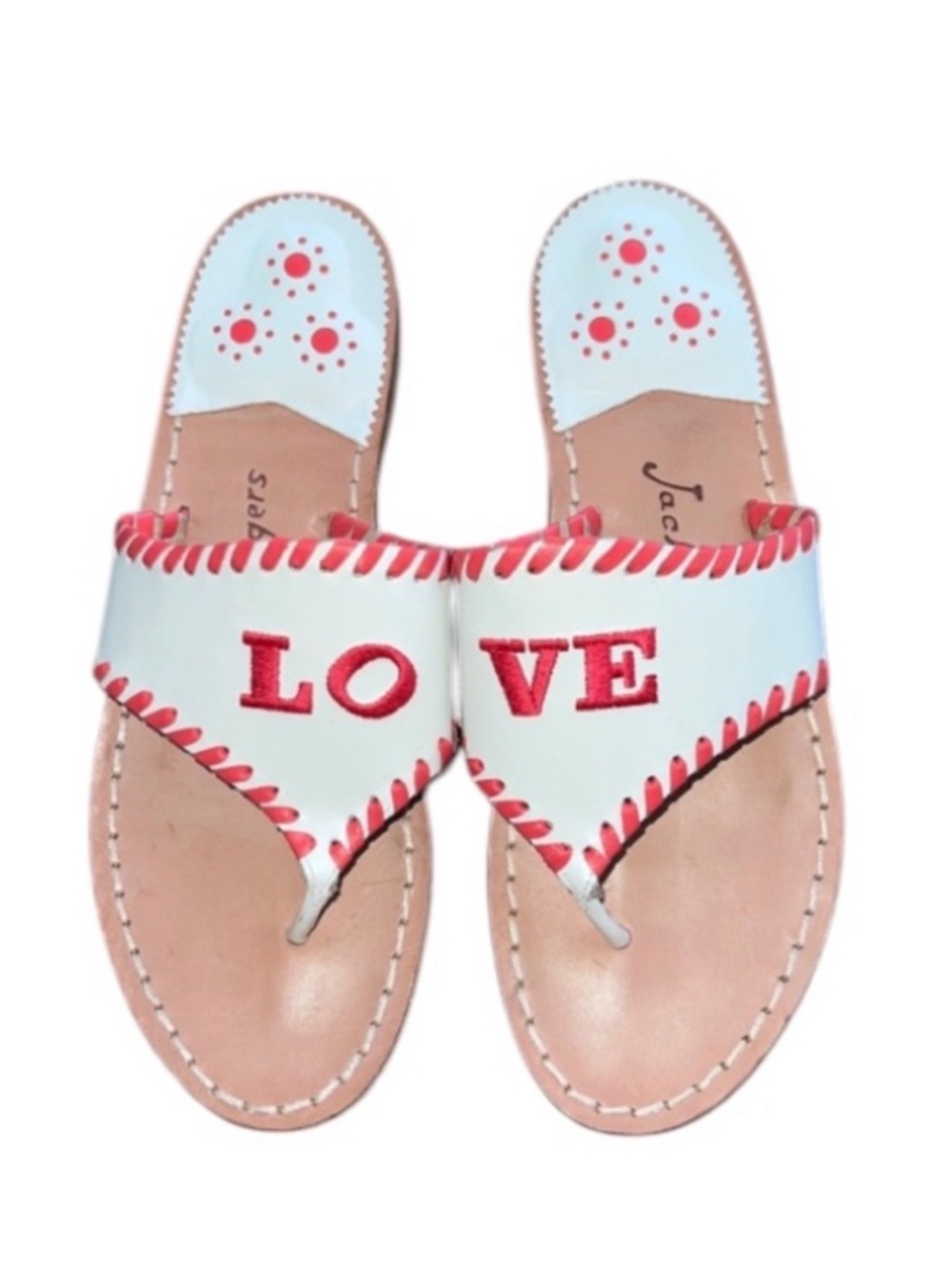 ISO! Jack Rogers White and Red 'LOVE' Leather Thong Sandals size 9